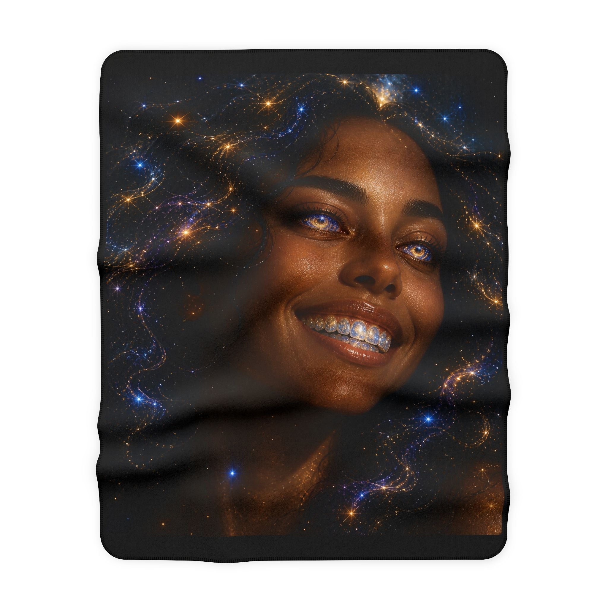 Galaxy Smile Sherpa Blanket — Afrocentric Cosmic Portrait Fleece Throw