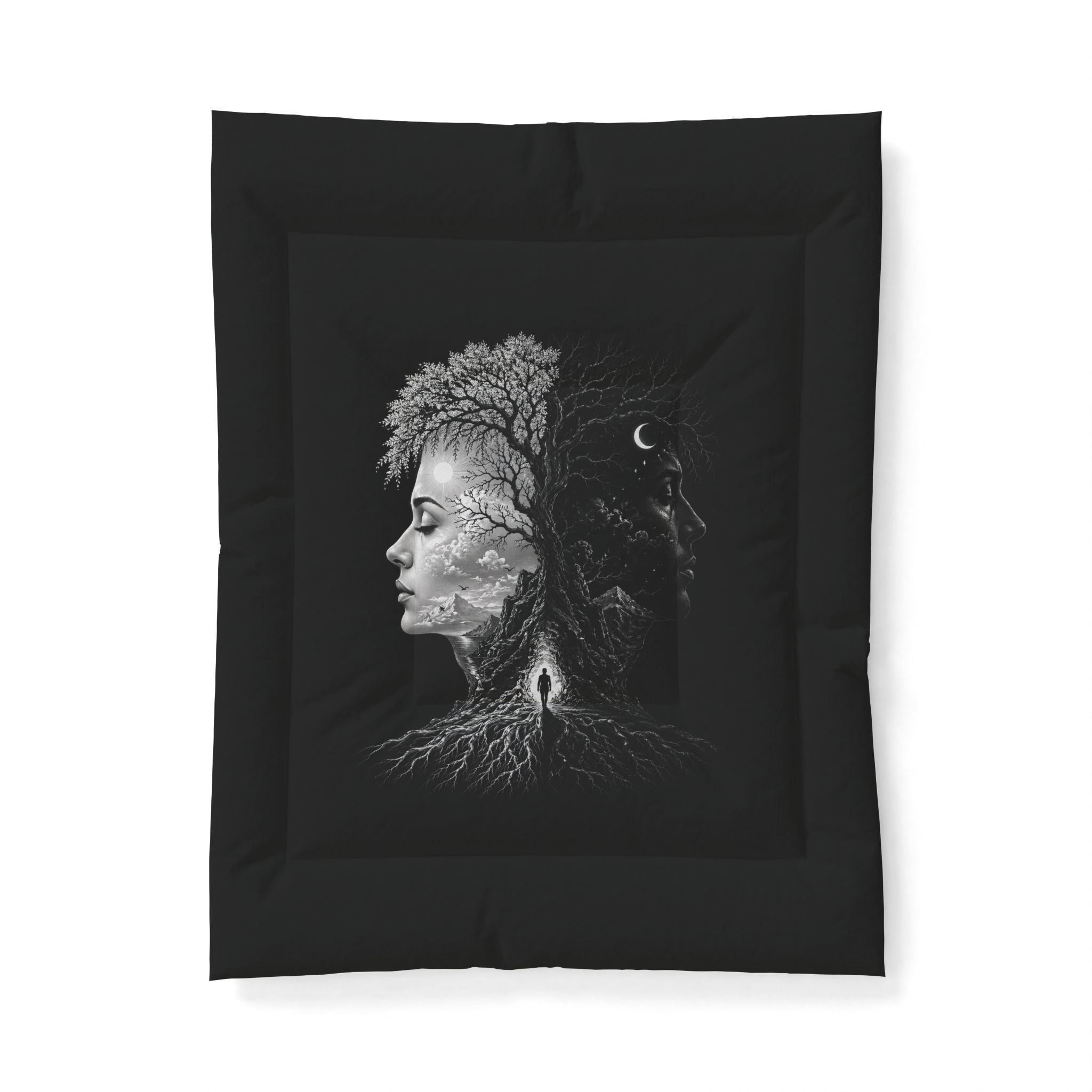 Day & Night Duality Cotton Comforter — Black Surreal Tree Face Bedding