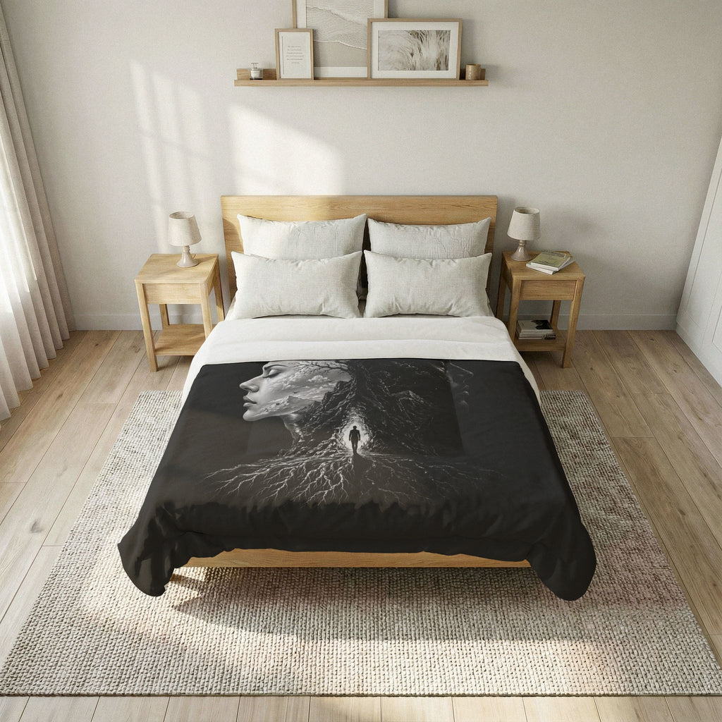 Day & Night Duality Cotton Comforter — Black Surreal Tree Face Bedding