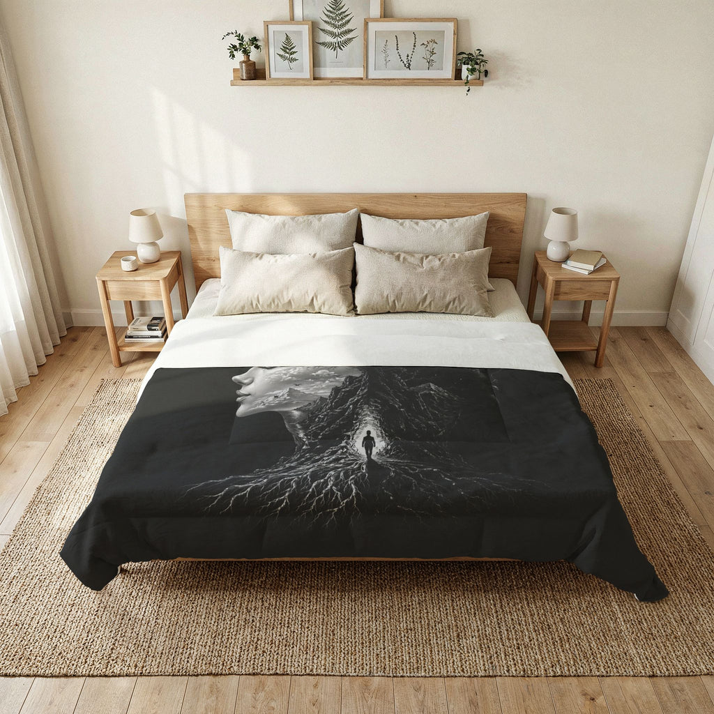 Day & Night Duality Cotton Comforter — Black Surreal Tree Face Bedding