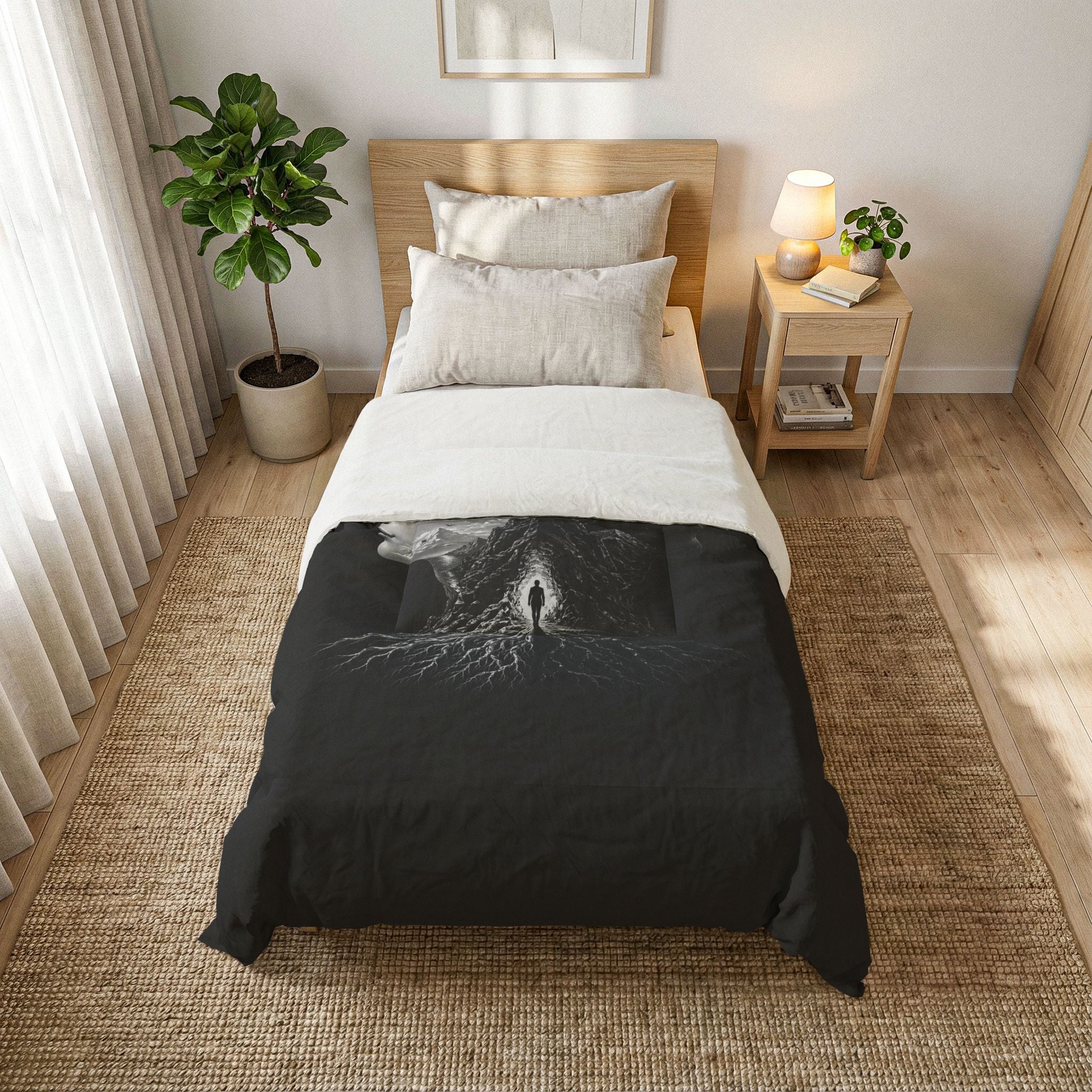Day & Night Duality Cotton Comforter — Black Surreal Tree Face Bedding