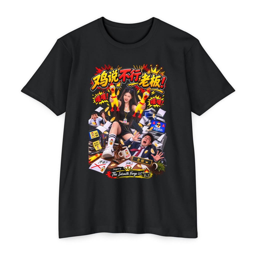 Chicken Says No Boss Chinese Pop Art Graphic T-Shirt — “鸡说不行老板” Retro Collage Tee