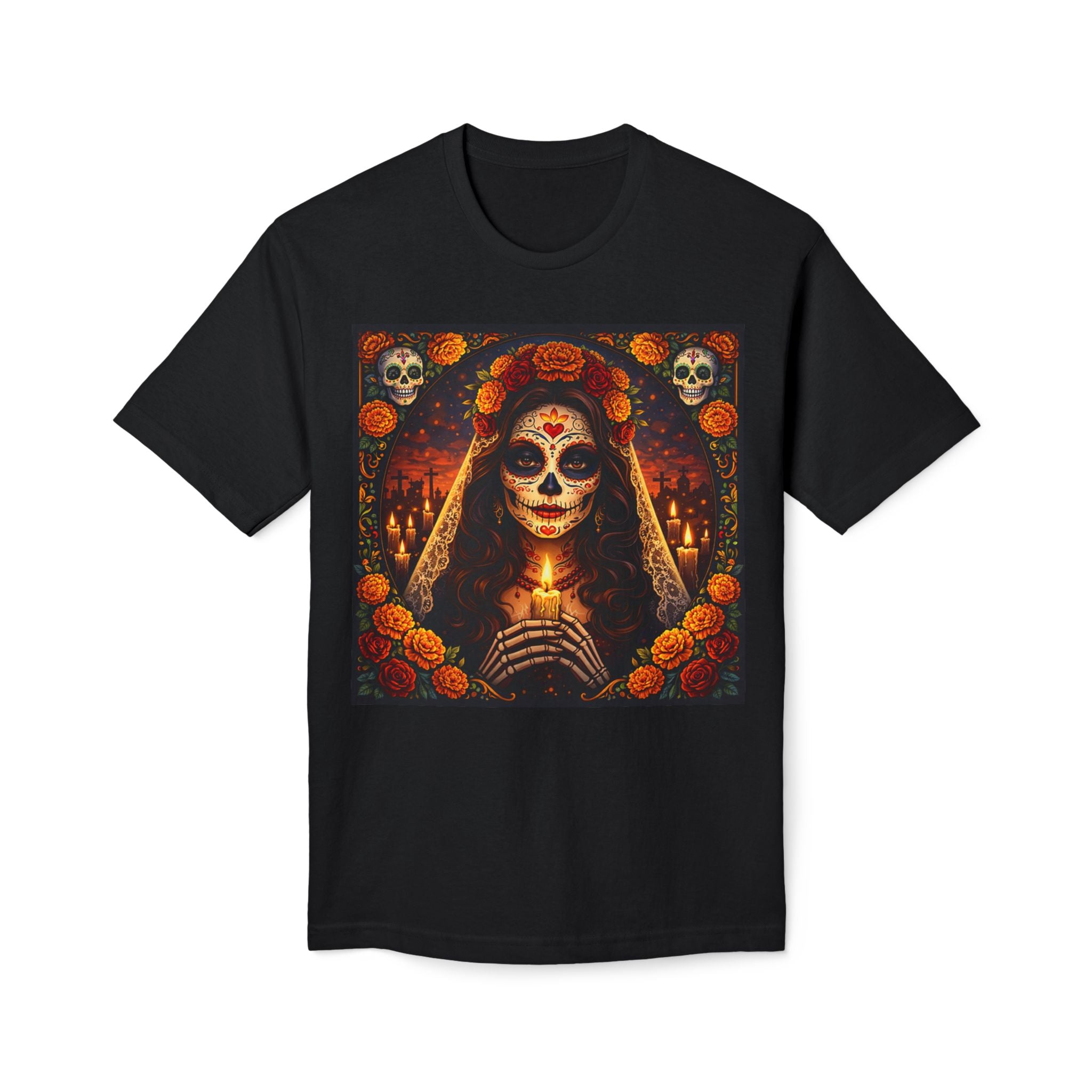 Day of the Dead Sugar Skull T-Shirt — Catrina Floral Candle Design for Halloween & Día de los Muertos