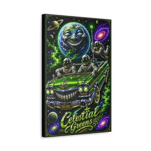 Celestial Greens Canvas Print — Retro Astronauts Cruising Cosmic Car Wall Art