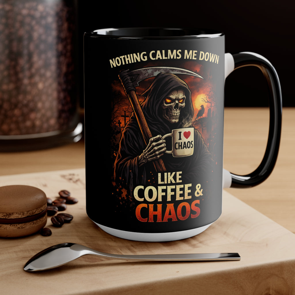 Coffee & Chaos Accent Mug — 'Nothing Calms Me Down Like Coffee & Chaos' Grim Reaper Gift