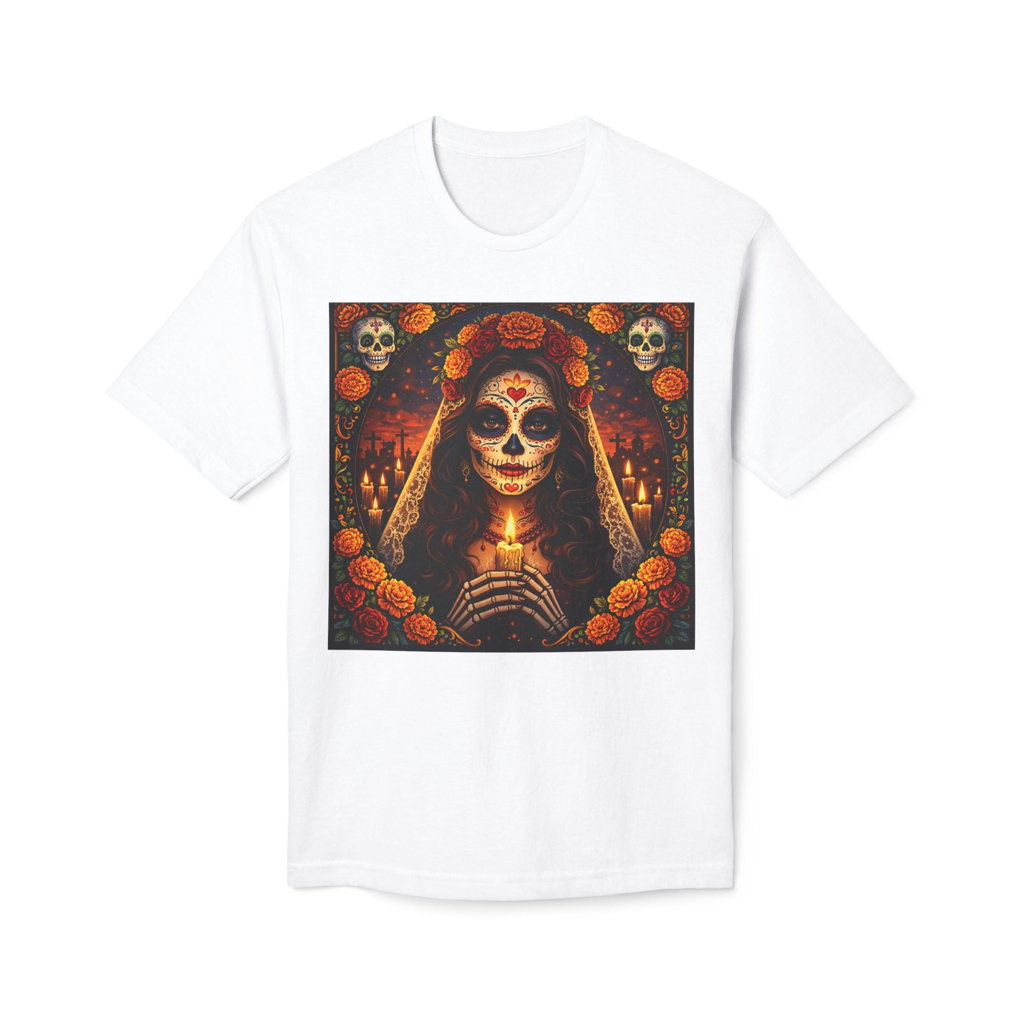 Day of the Dead Sugar Skull T-Shirt — Catrina Floral Candle Design for Halloween & Día de los Muertos
