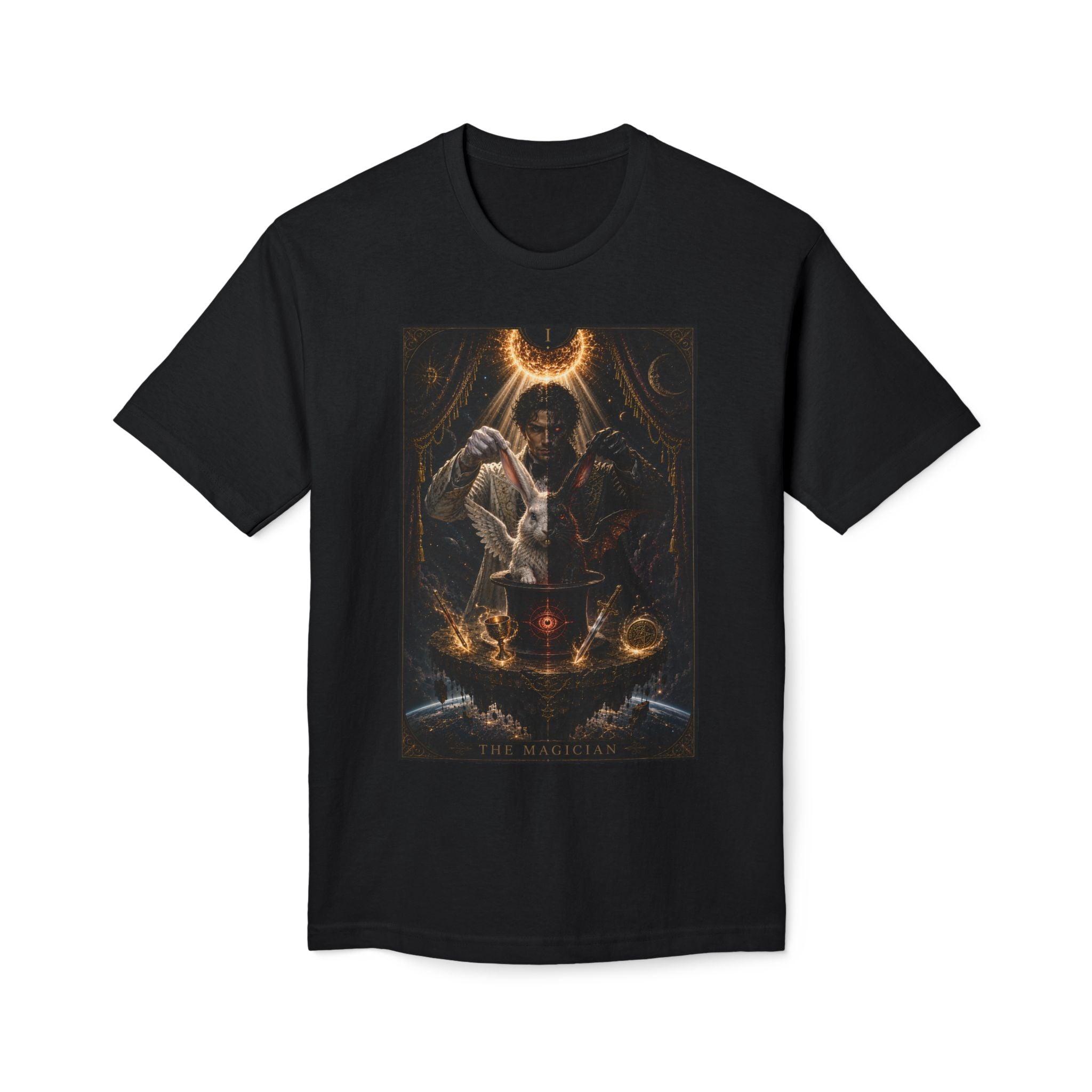 Magician Tarot Art T-Shirt — Mystic Moon & Ritual Scene Graphic Tee