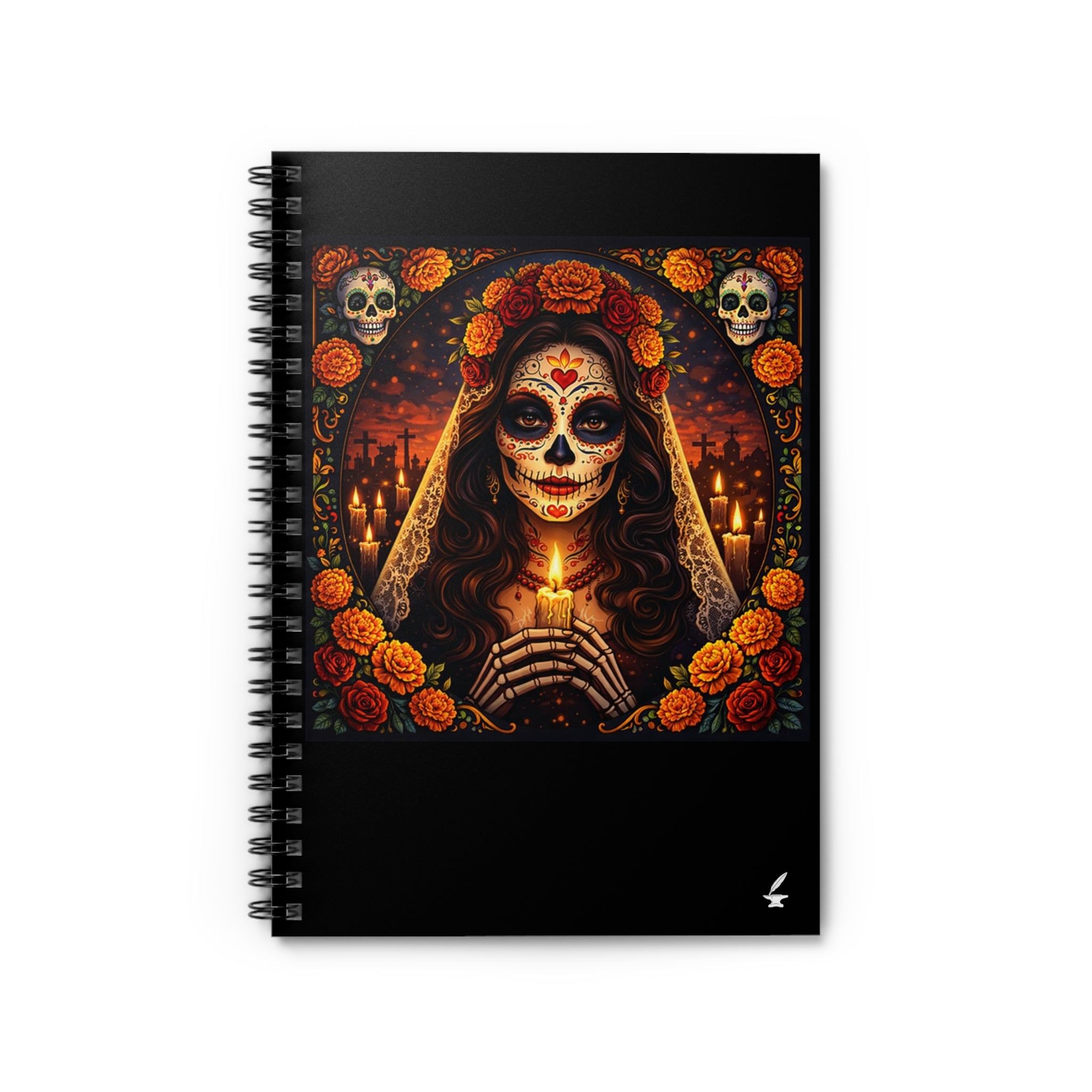 Day of the Dead Sugar Skull Notebook — Spiral Ruled Journal with Candle & Marigold Design