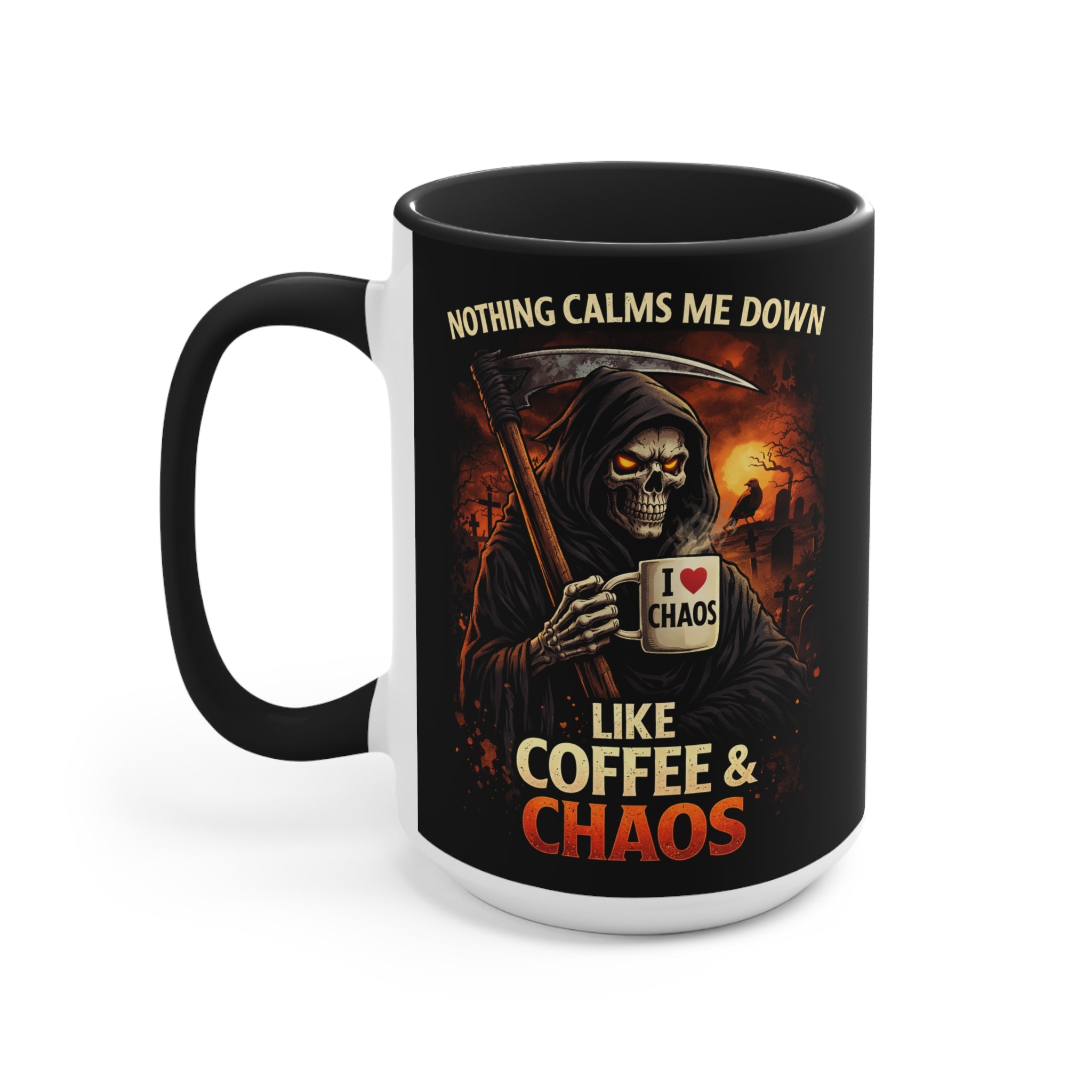 Coffee & Chaos Accent Mug — 'Nothing Calms Me Down Like Coffee & Chaos' Grim Reaper Gift