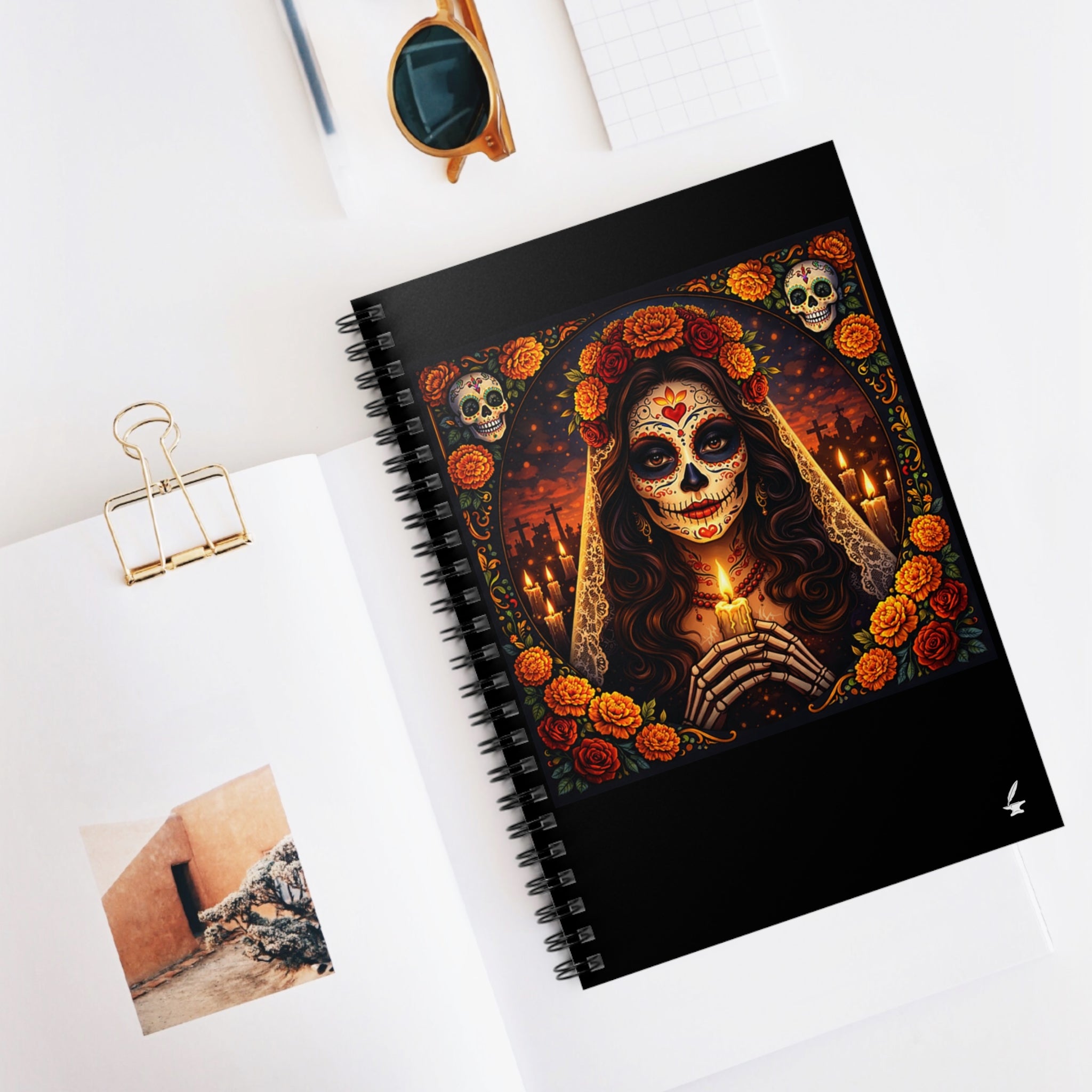 Day of the Dead Sugar Skull Notebook — Spiral Ruled Journal with Candle & Marigold Design
