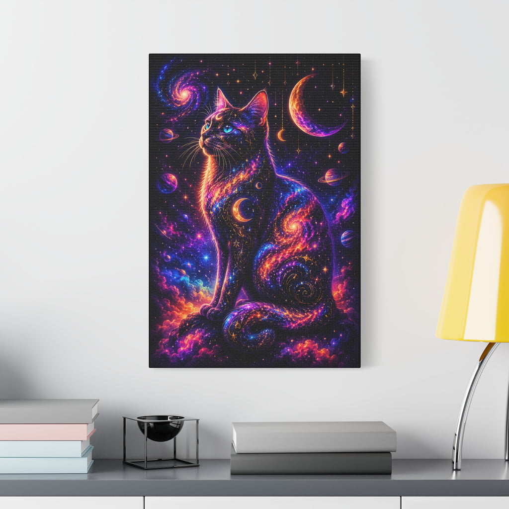 Galaxy Cat Canvas Wall Art — Neon Cosmic Cat Print for Home Decor