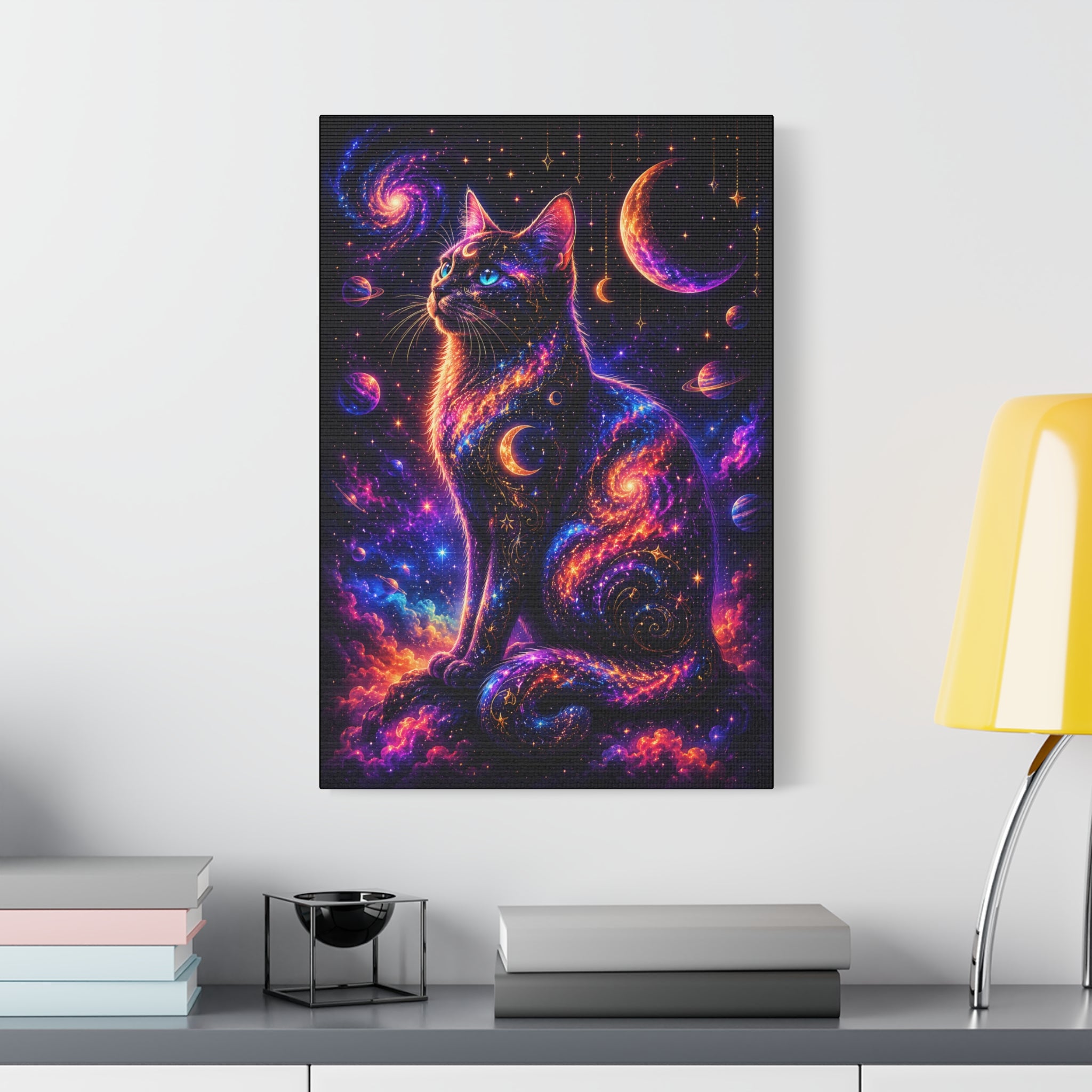Galaxy Cat Canvas Wall Art — Neon Cosmic Cat Print for Home Decor