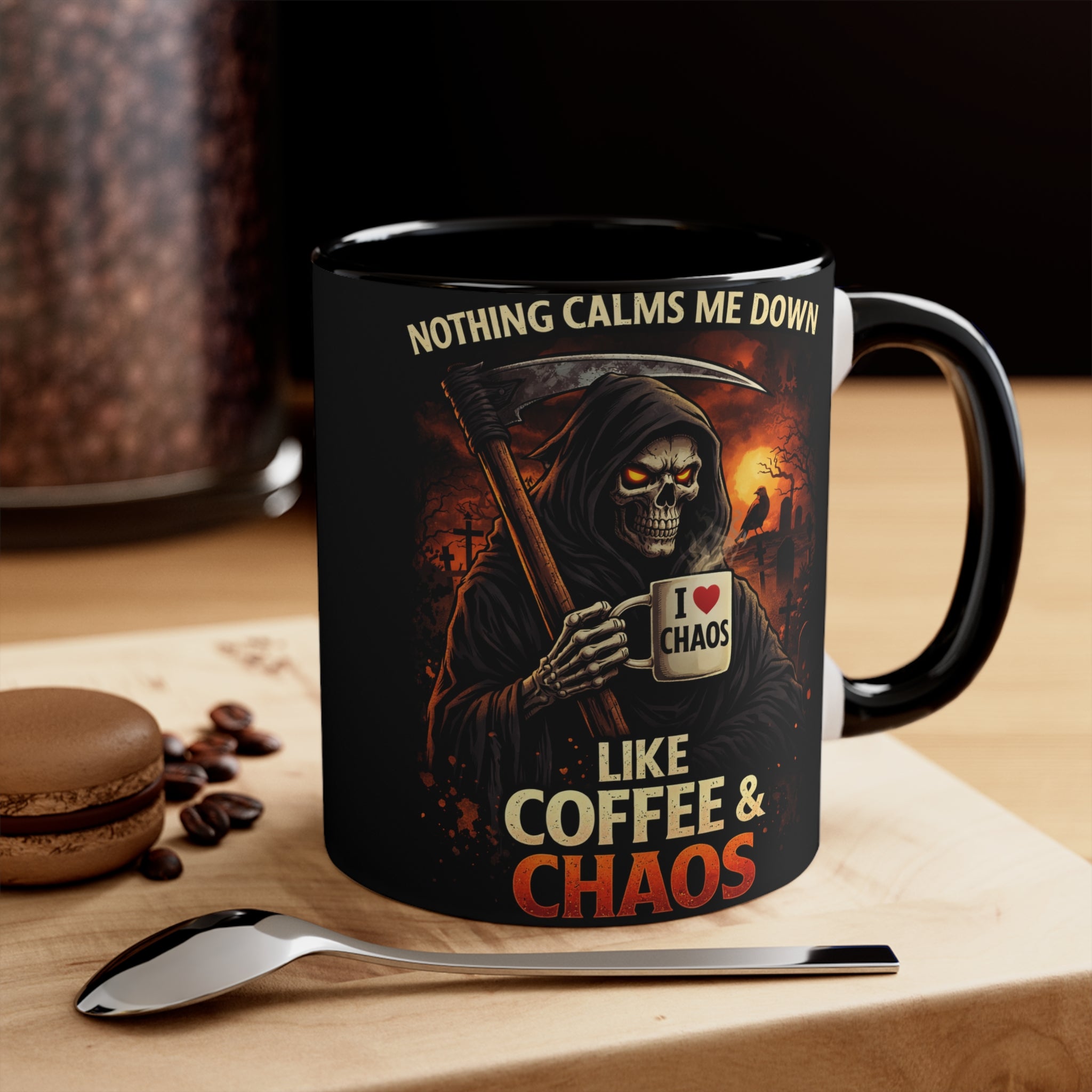 Coffee & Chaos Accent Mug — 'Nothing Calms Me Down Like Coffee & Chaos' Grim Reaper Gift