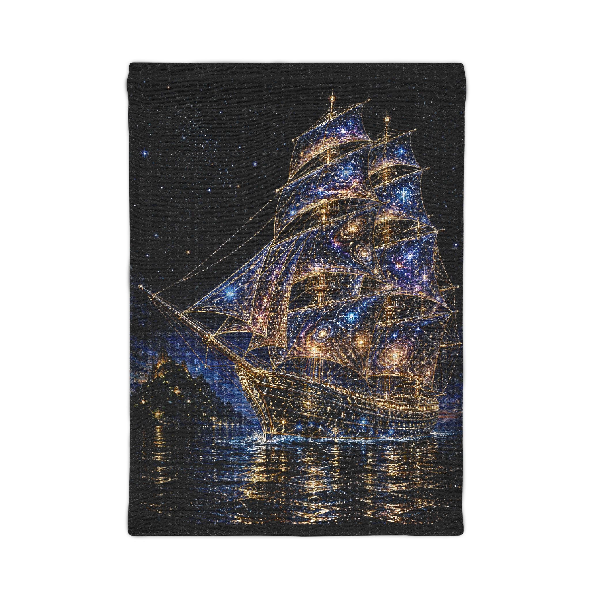 Starry Night Sailing Woven Wall Tapestry – Cosmic Ship Wall Art