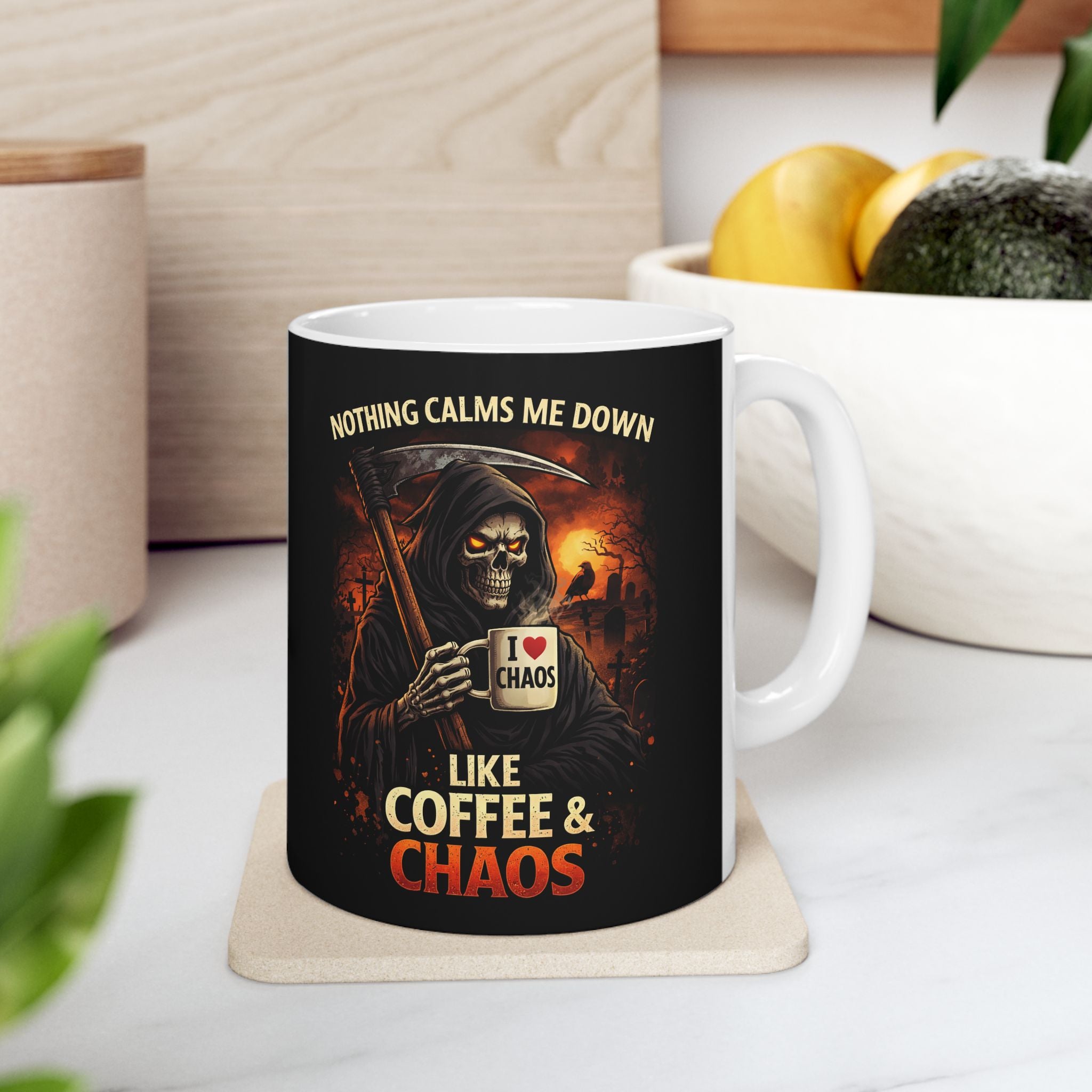 Coffee & Corpses Horror Skull Ceramic Mug — Creepy Halloween 11oz/15oz
