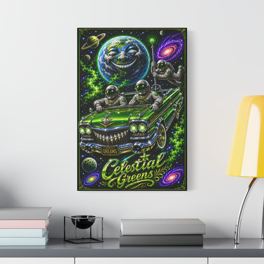 Celestial Greens Canvas Print — Retro Astronauts Cruising Cosmic Car Wall Art
