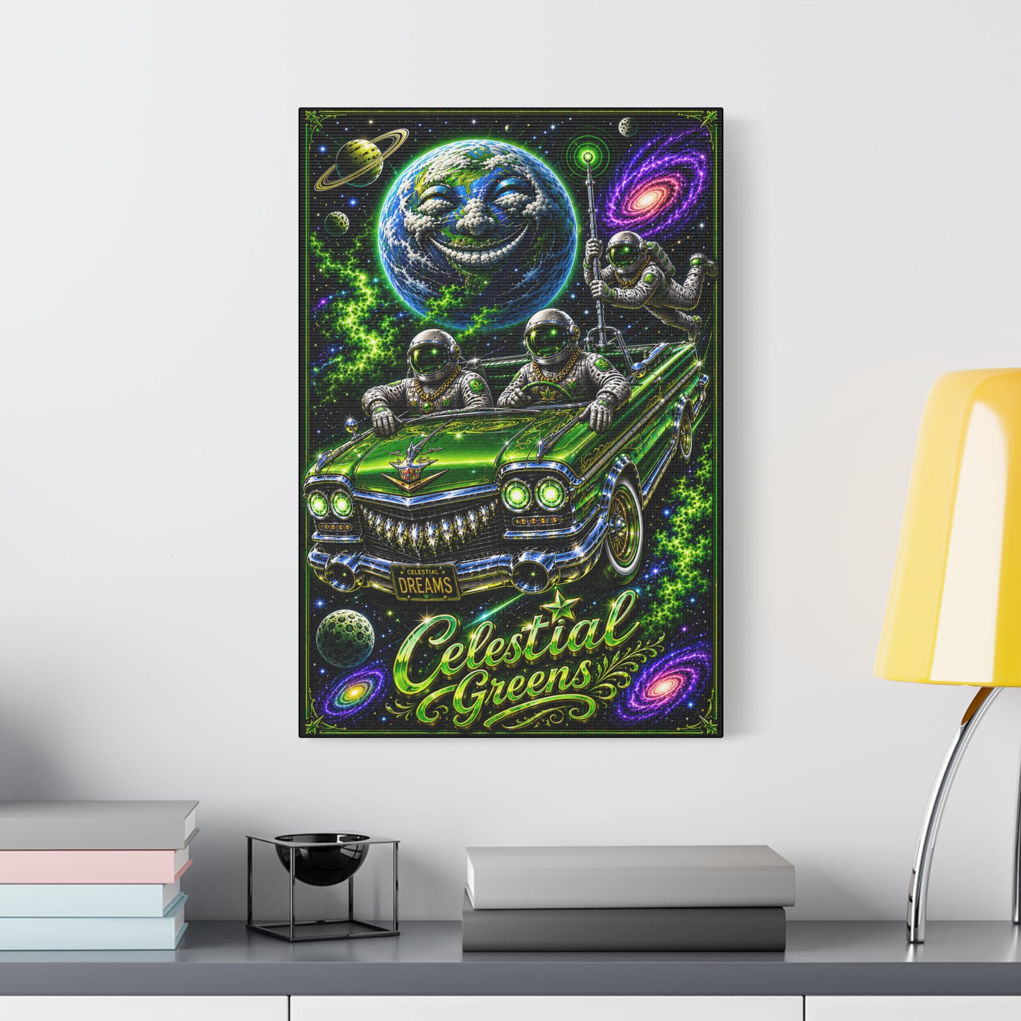 Celestial Greens Canvas Print — Retro Astronauts Cruising Cosmic Car Wall Art