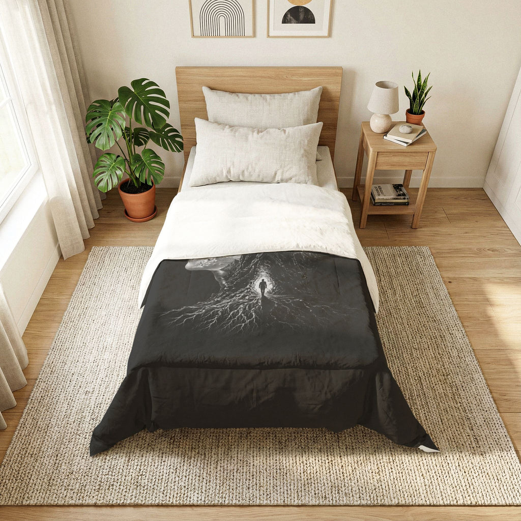 Day & Night Duality Cotton Comforter — Black Surreal Tree Face Bedding