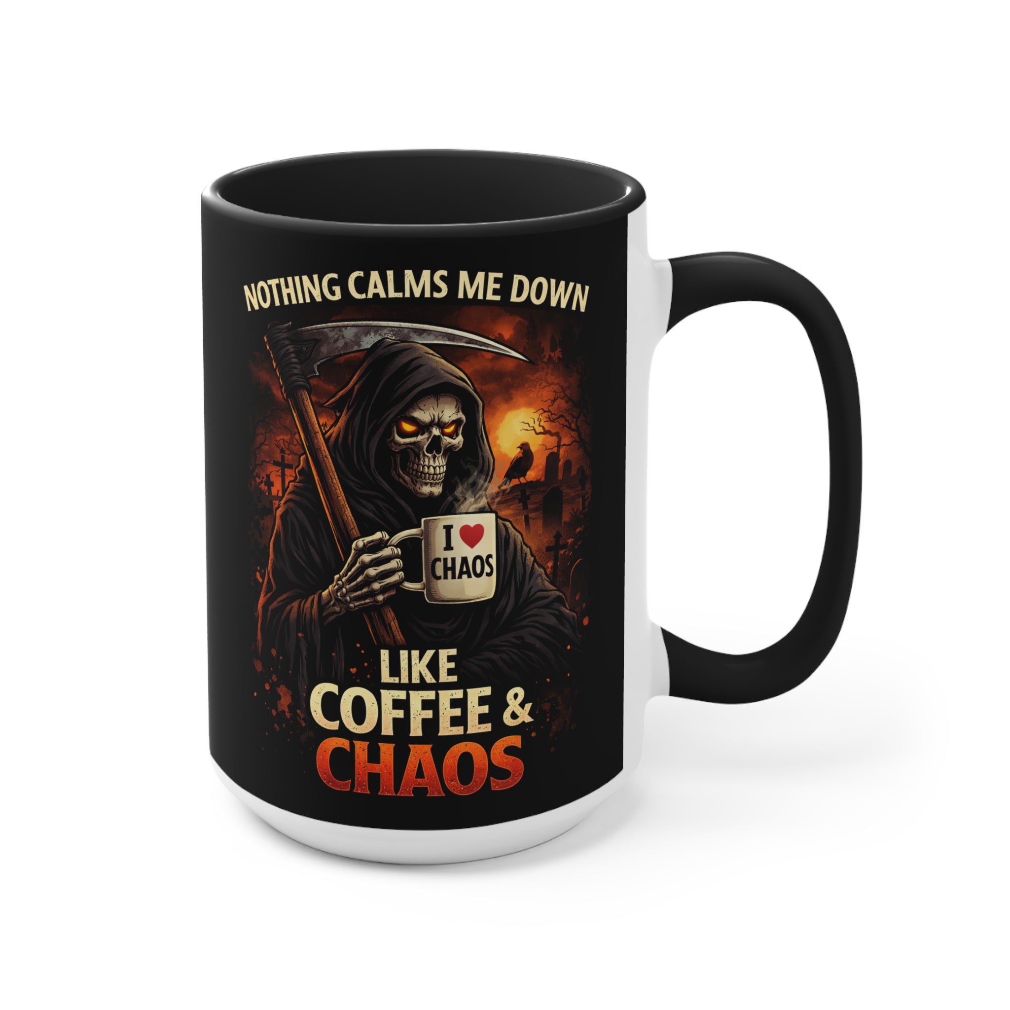 Coffee & Chaos Accent Mug — 'Nothing Calms Me Down Like Coffee & Chaos' Grim Reaper Gift