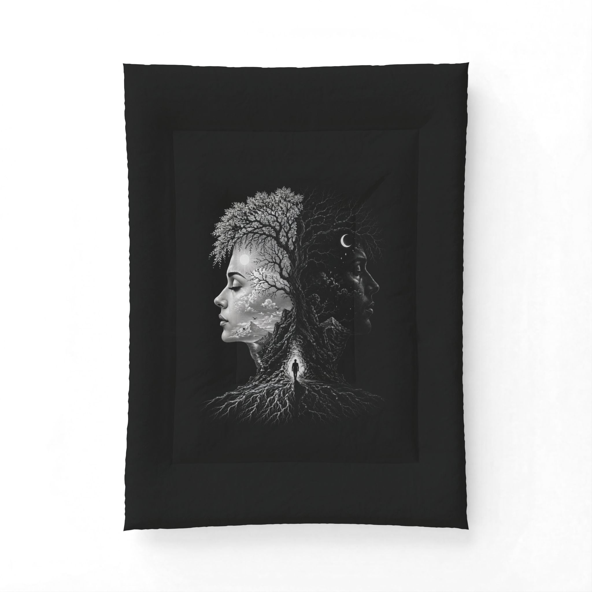 Day & Night Duality Cotton Comforter — Black Surreal Tree Face Bedding