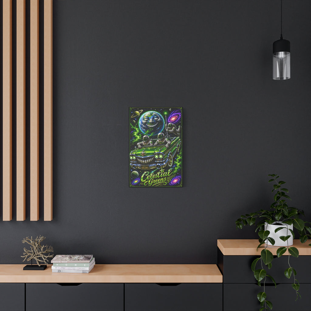 Celestial Greens Canvas Print — Retro Astronauts Cruising Cosmic Car Wall Art