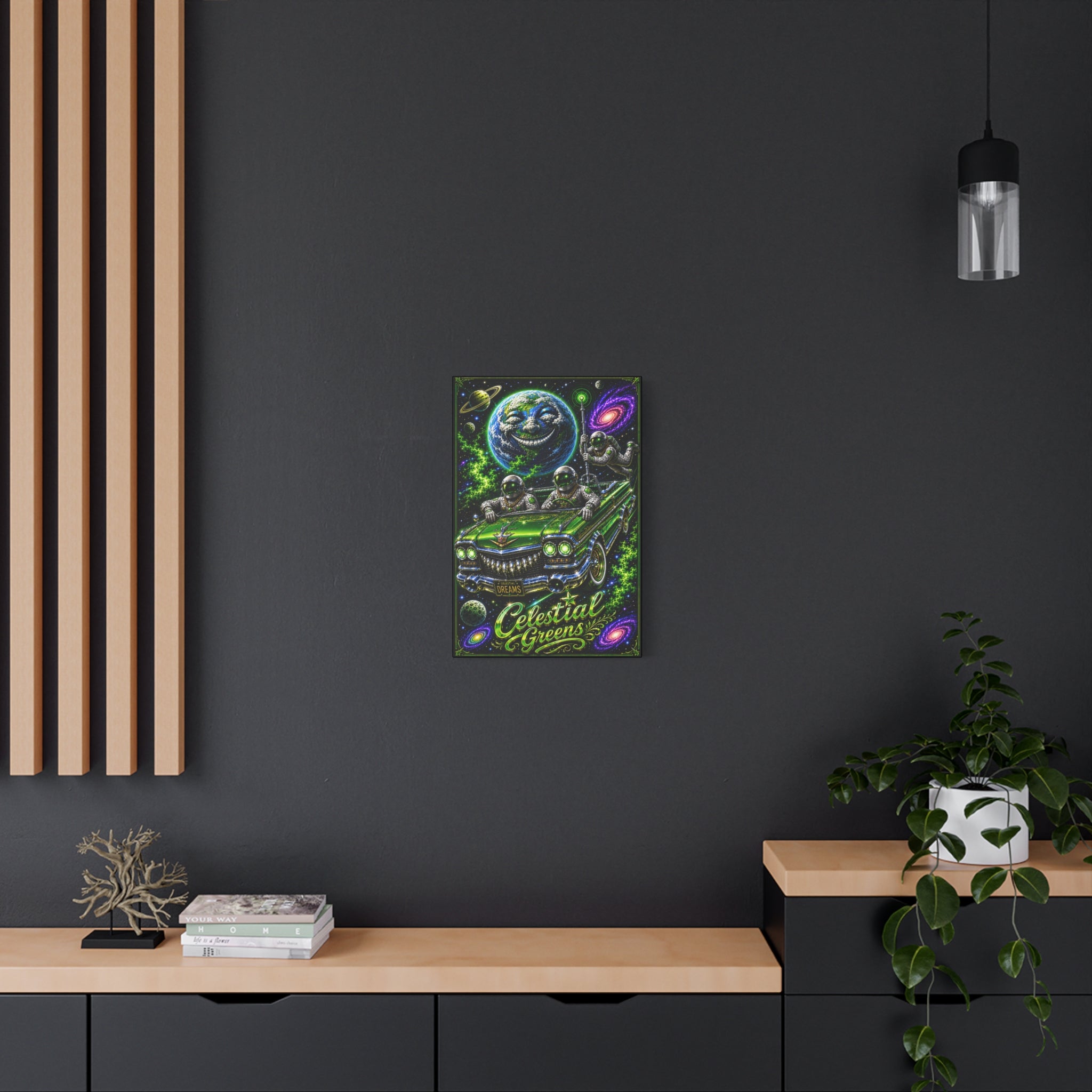 Celestial Greens Canvas Print — Retro Astronauts Cruising Cosmic Car Wall Art