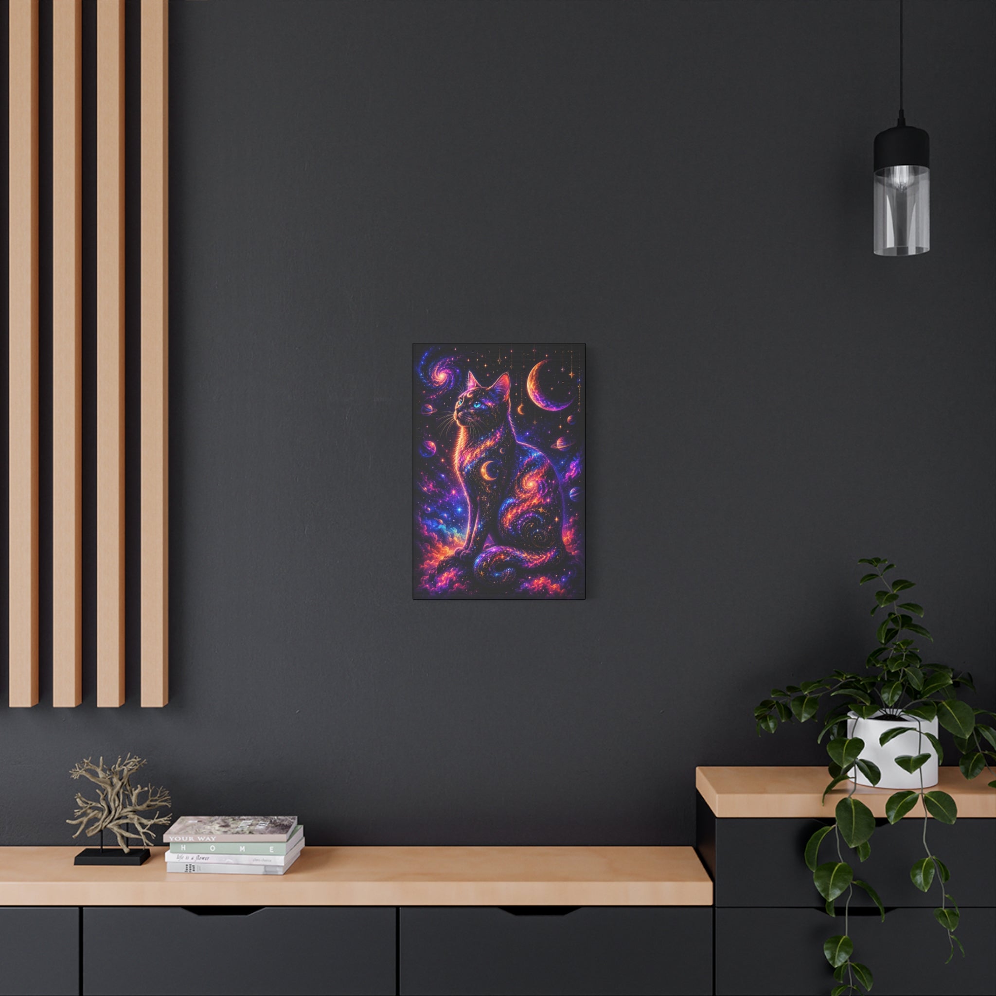 Galaxy Cat Canvas Wall Art — Neon Cosmic Cat Print for Home Decor