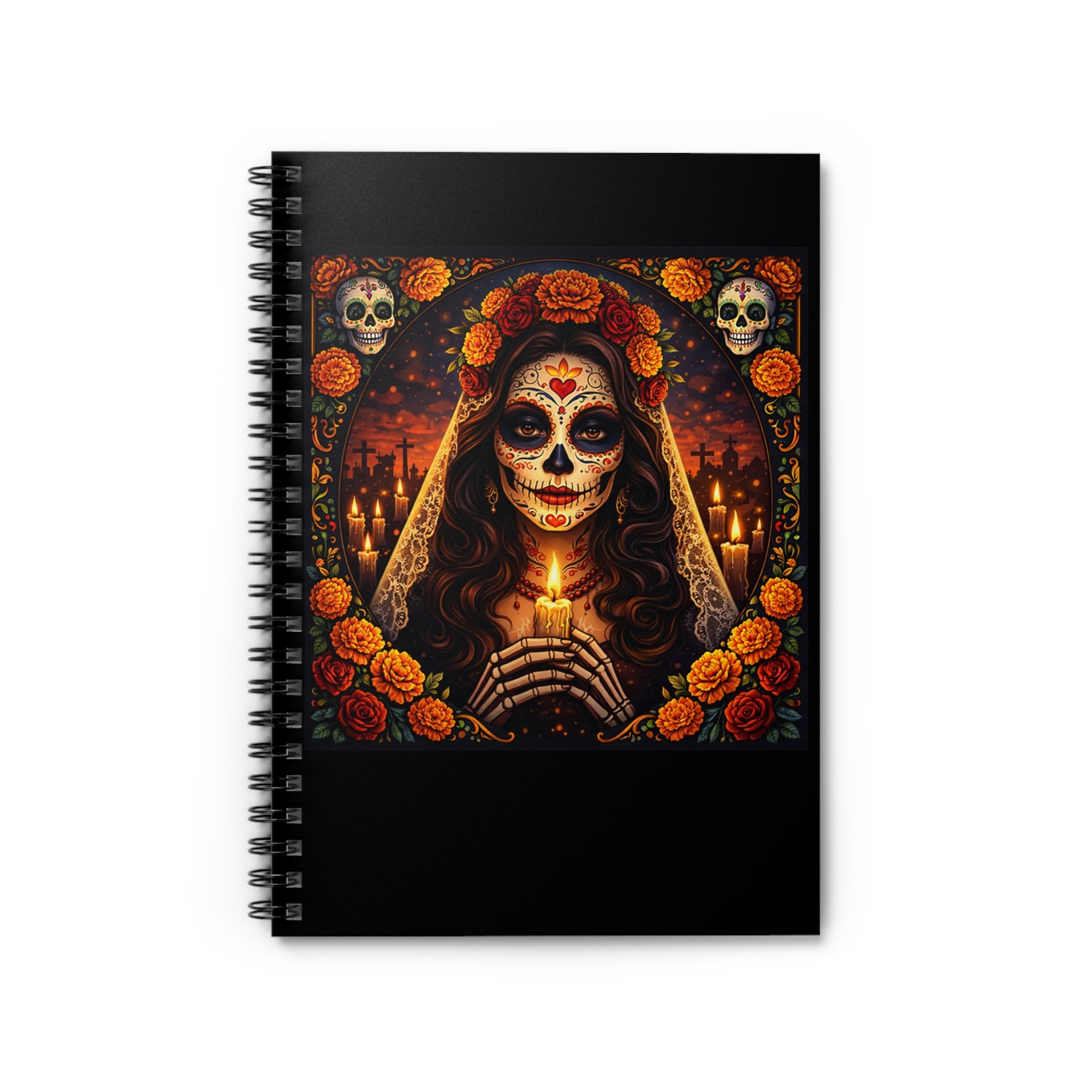 Day of the Dead Sugar Skull Notebook — Spiral Ruled Journal with Candle & Marigold Design