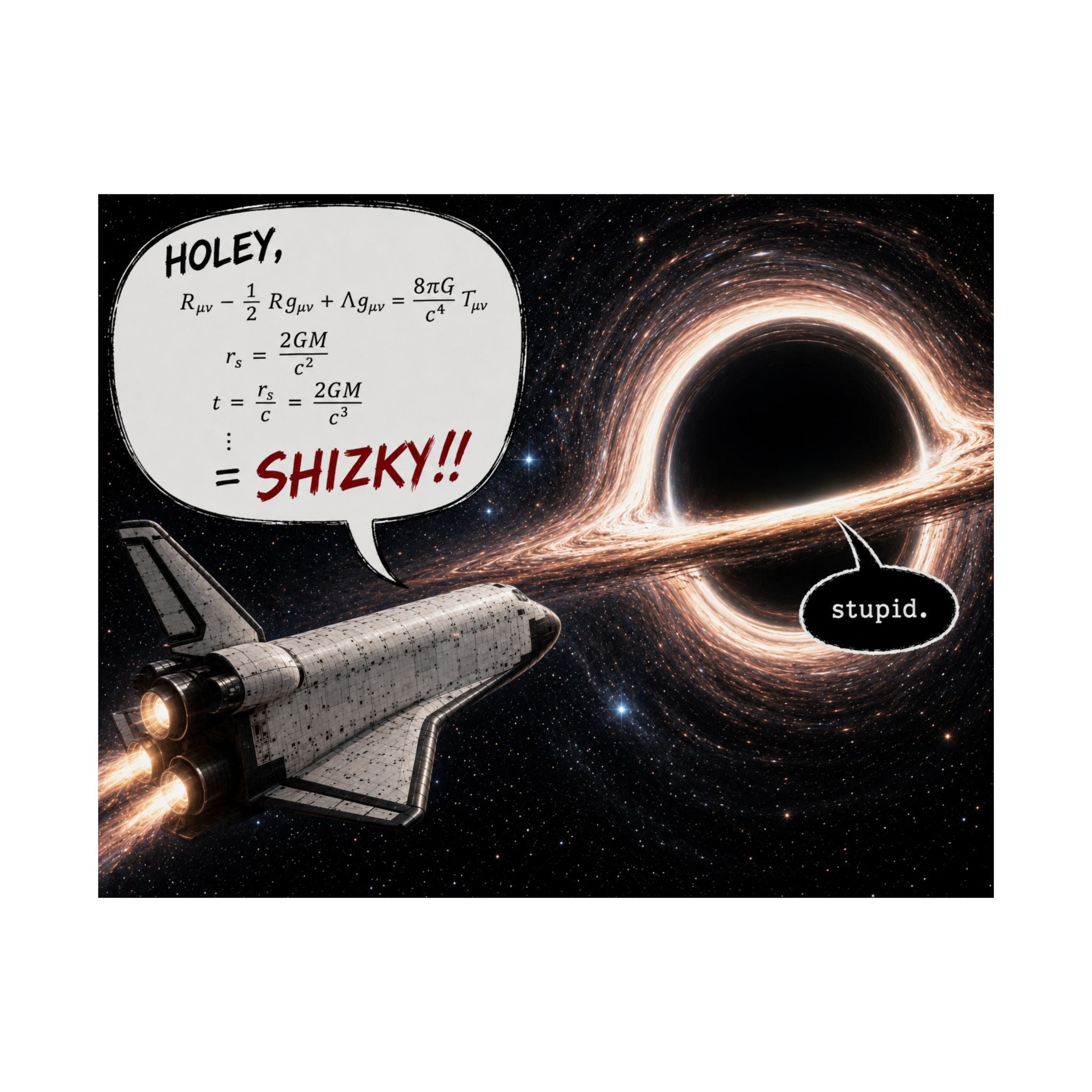 Holey, Shizky!! Black Hole Sci‑Fi Poster — Funny Space Shuttle Math Print (Matte Horizontal)