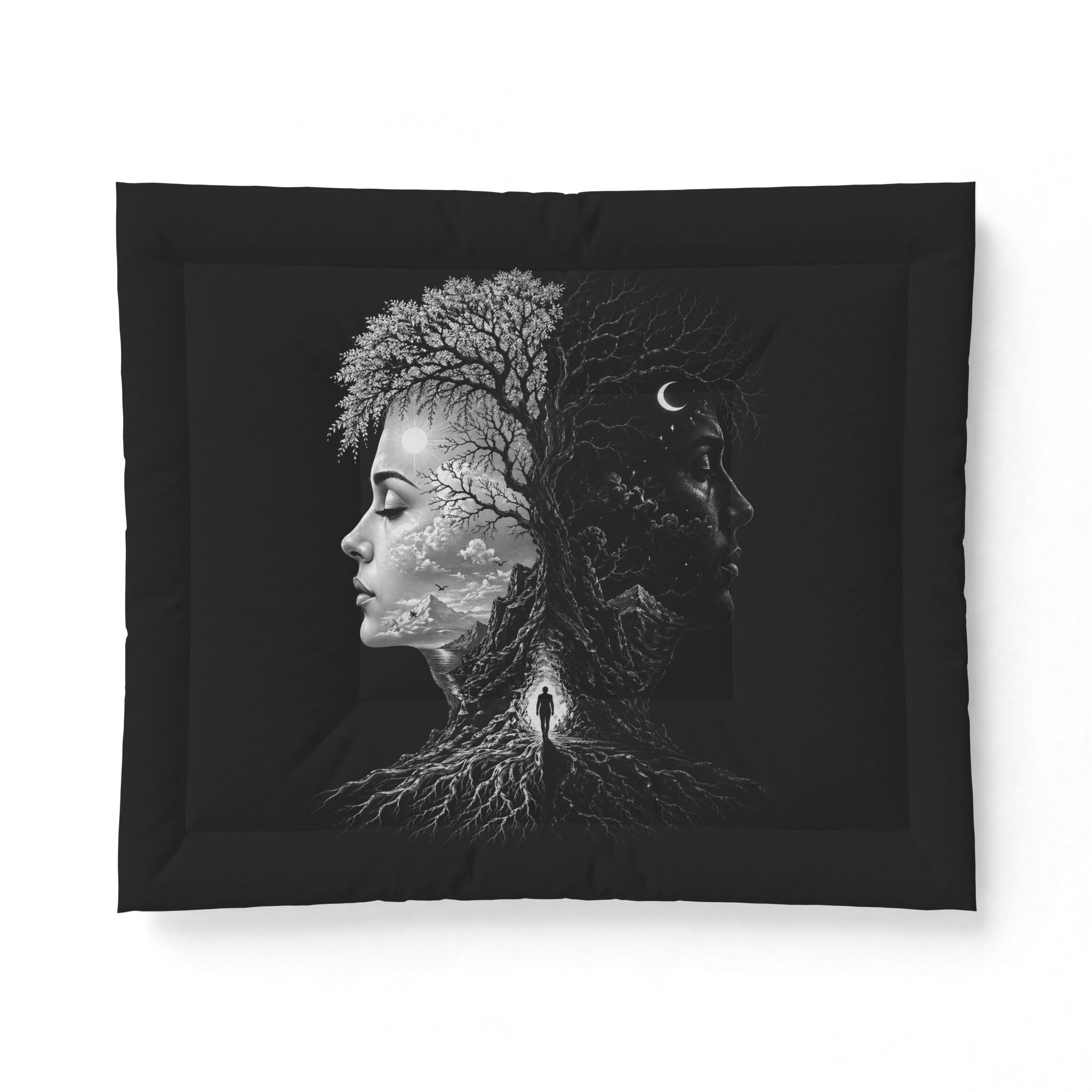 Day & Night Duality Cotton Comforter — Black Surreal Tree Face Bedding