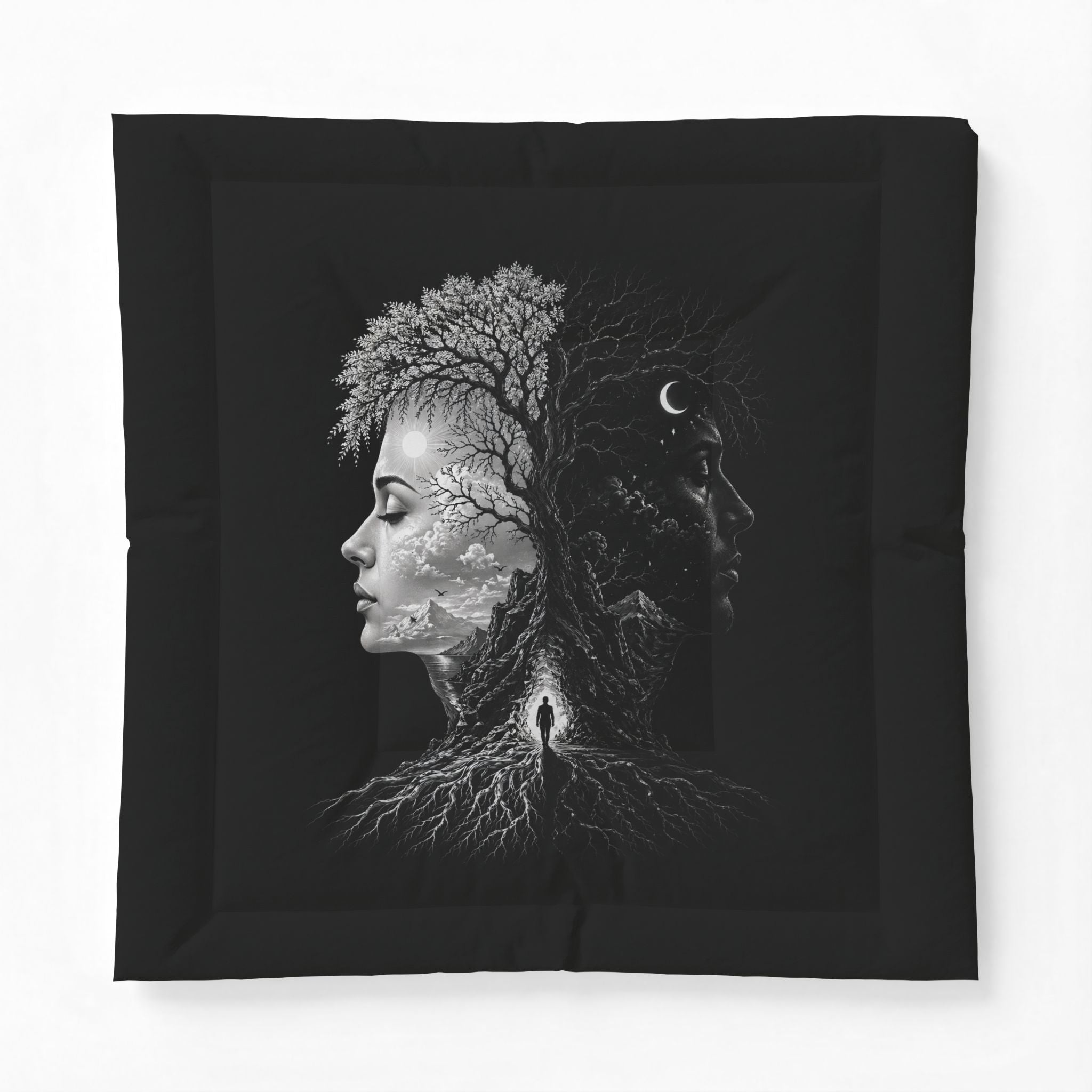 Day & Night Duality Cotton Comforter — Black Surreal Tree Face Bedding