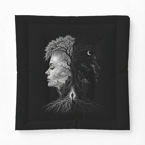 Day & Night Duality Cotton Comforter — Black Surreal Tree Face Bedding