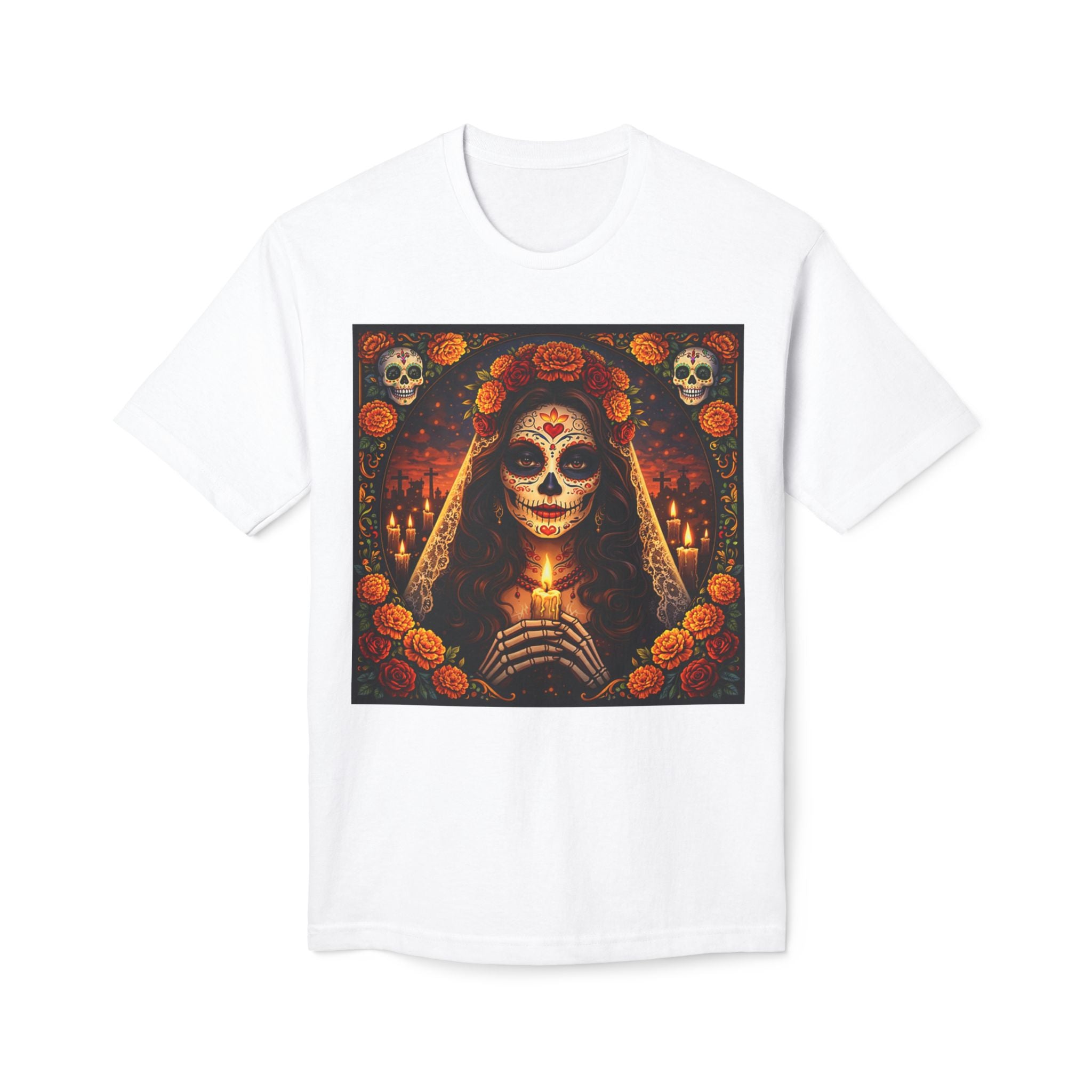 Day of the Dead Sugar Skull T-Shirt — Catrina Floral Candle Design for Halloween & Día de los Muertos