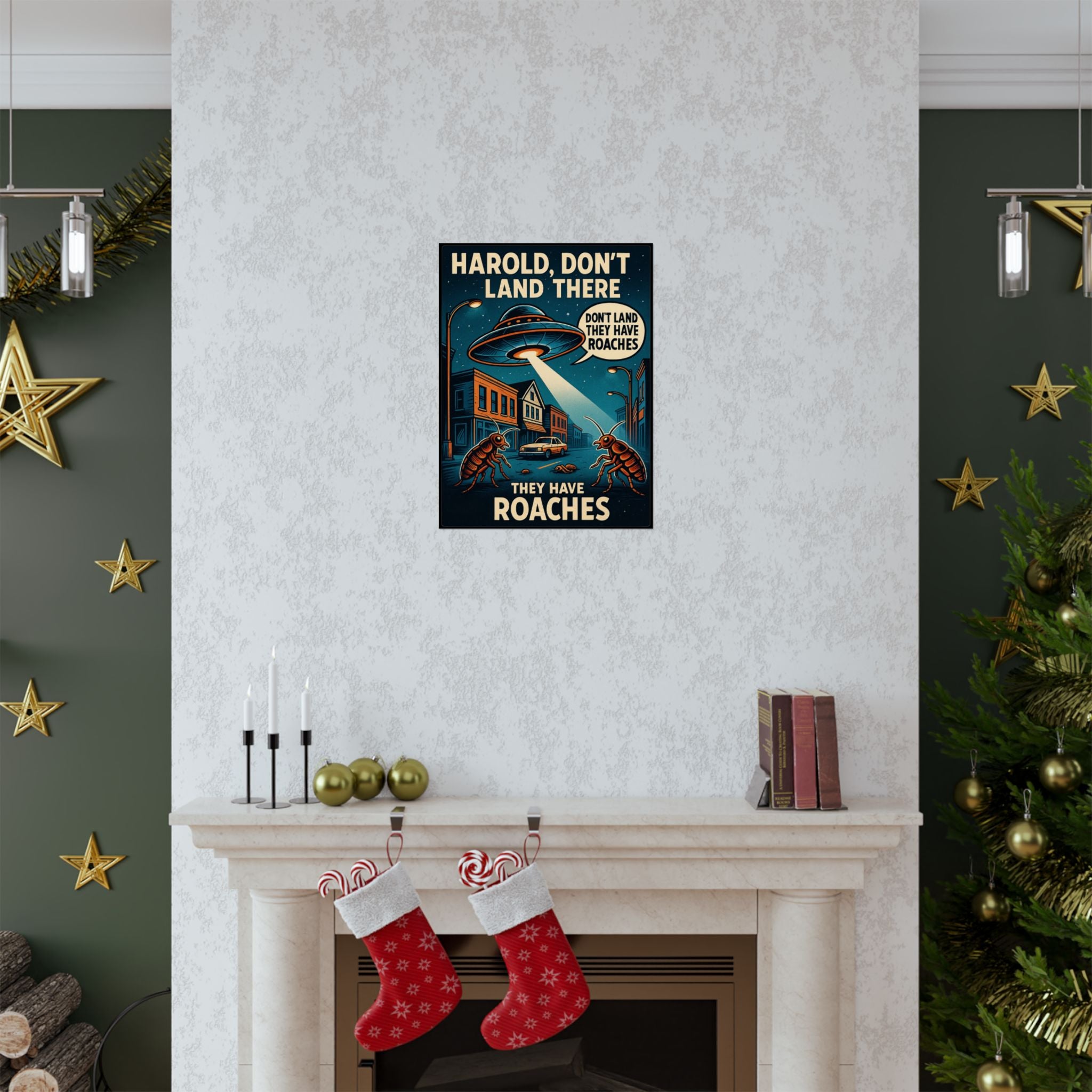 Poster — "Harold, Don’t Land There, They Have Roaches" Retro Sci‑Fi Art